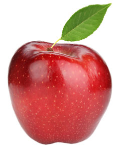 Ripe red apple with green leaf
