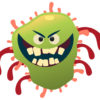 Icky green flu bug with evil eyes and evil toothy grin