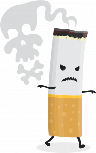 Graphic of evil cigarette butt frowning and walking in a puff of smoke.